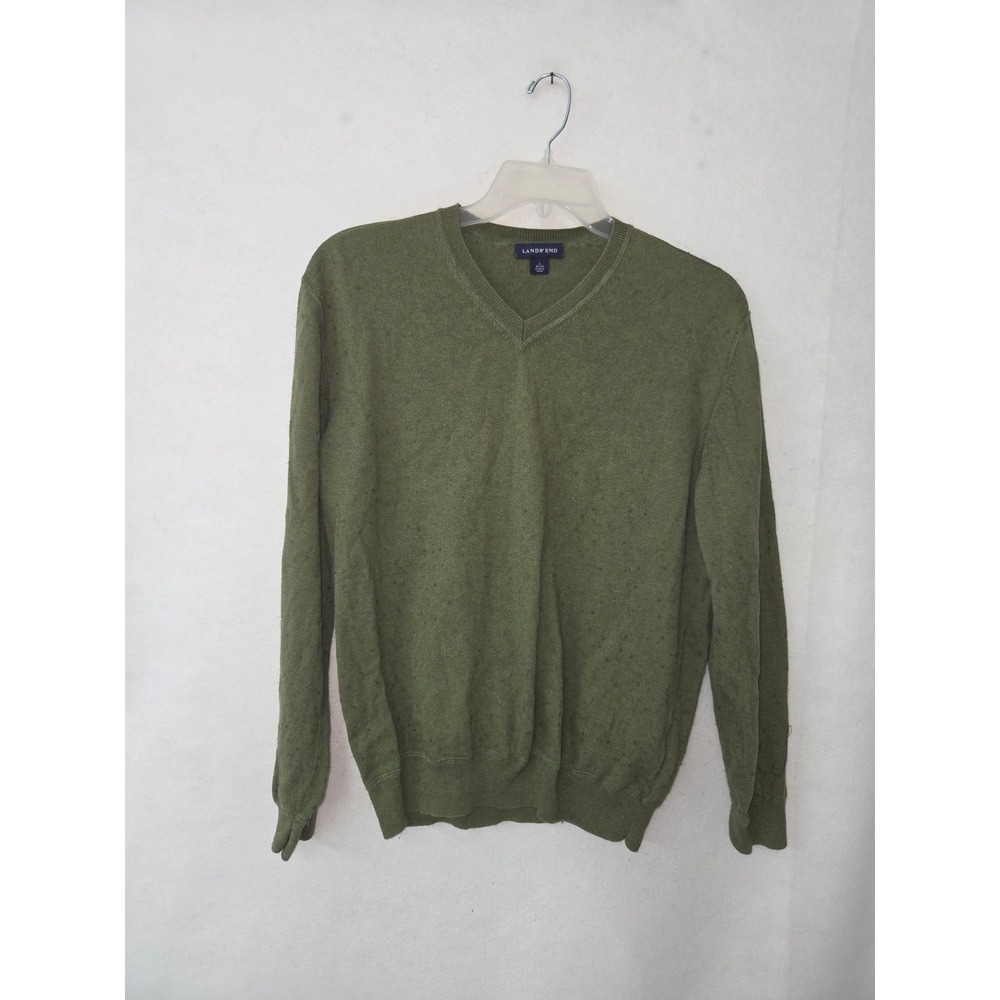 Lands' End V-Neck Sweater Men L Olive Green Cotton Cashmere Speckle Blend 315369